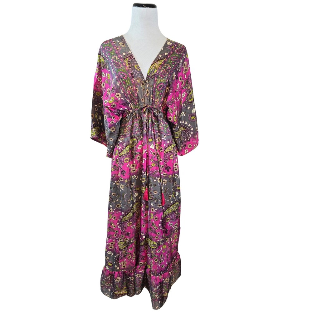 White Waves Pink Paisley Silk Blend Kimono Sleeve Maxi‎ Dress Boho Tassel NEW